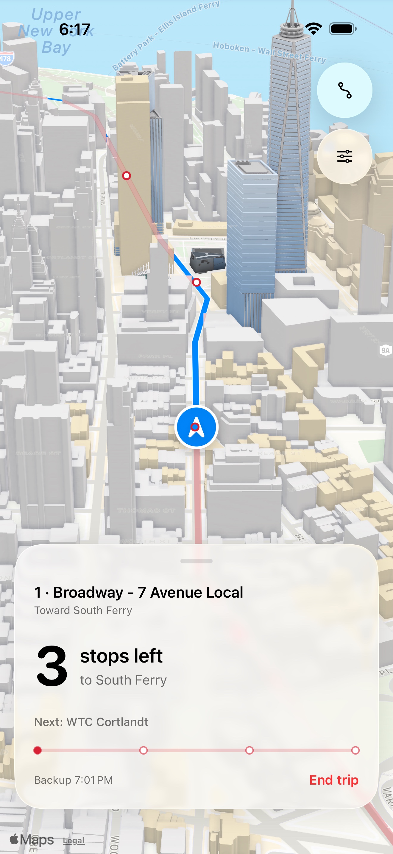 StopClock following the New York subway in 3D, with three stops left to South Ferry