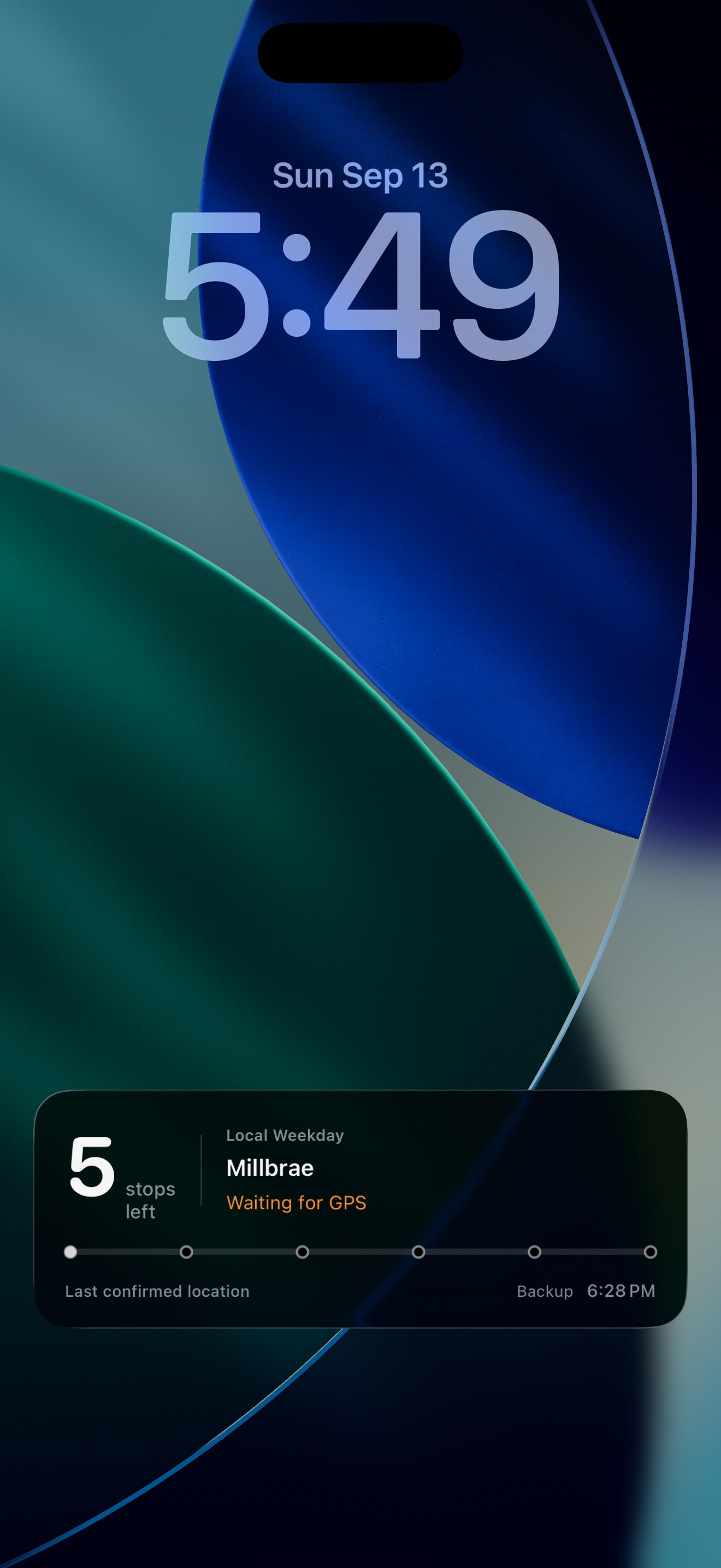 A real Lock Screen Live Activity showing five stops remaining