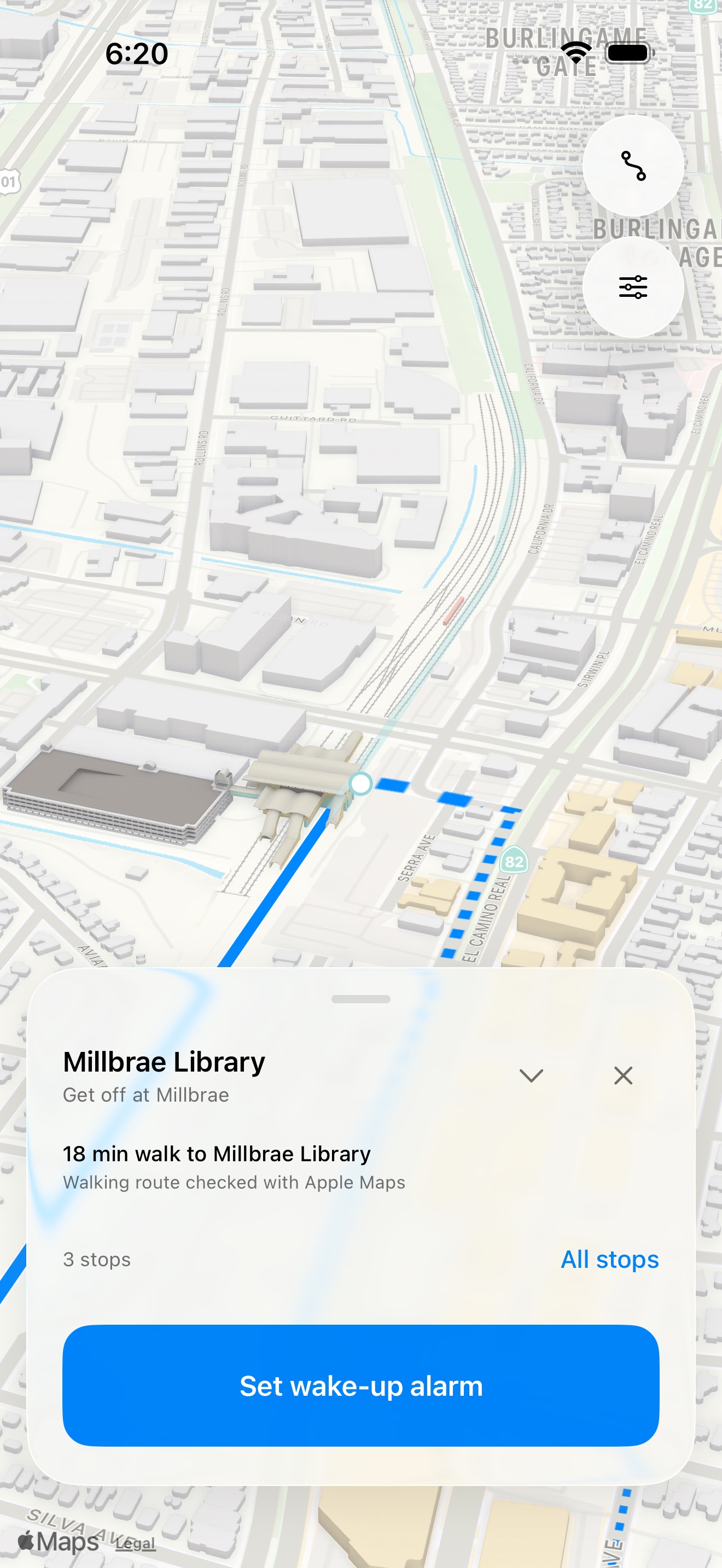 Millbrae Library with a recommended exit station and walking route